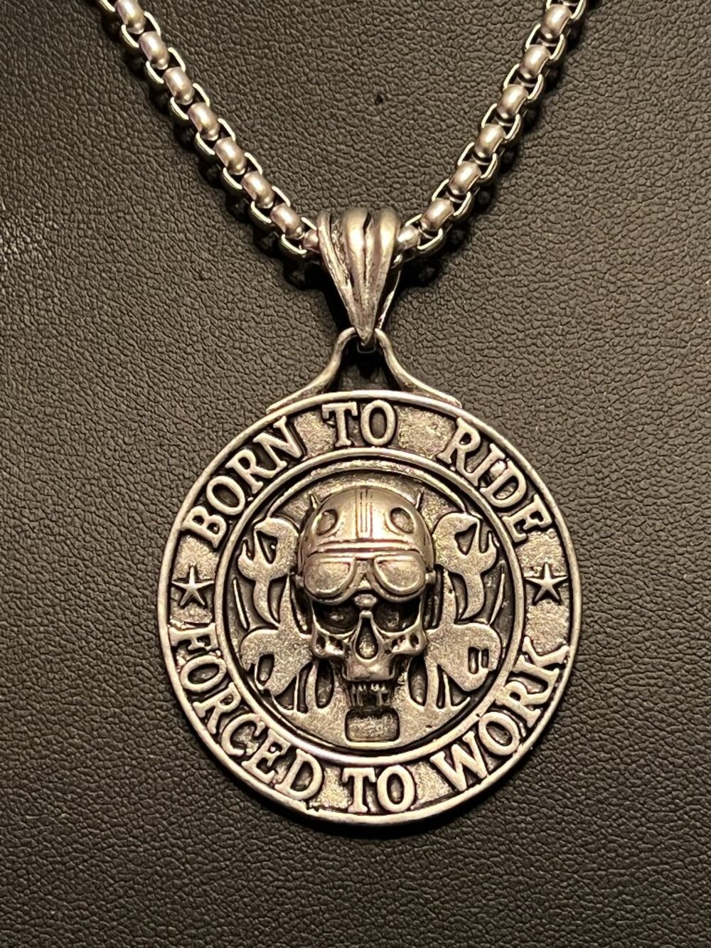 BORN TO RIDE FORCED TO WORK Skull Biker Necklace (206)